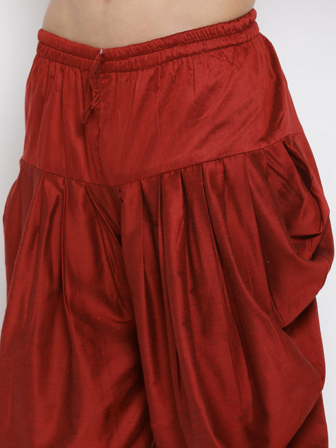 Vastramay Men's Rose Gold Jacquard Jacket With Kurta Dhoti Set